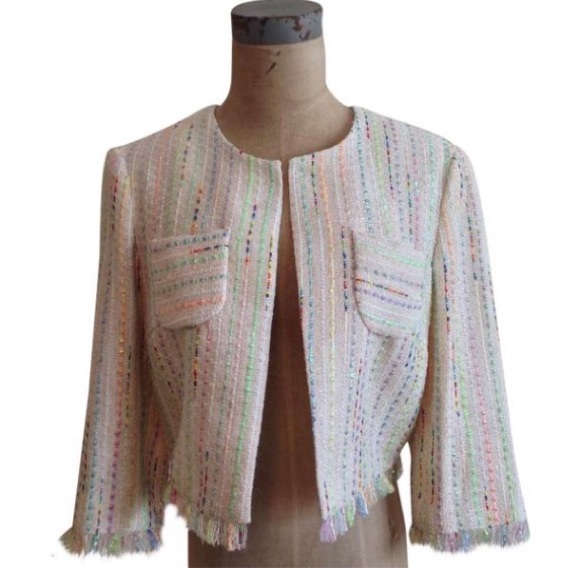 Trina Turk Jackets & Blazers - Crop Tweed Collarless Blazer Jacket Trina Turk Wyatt Cream Pastel Stripe 6 Y2K